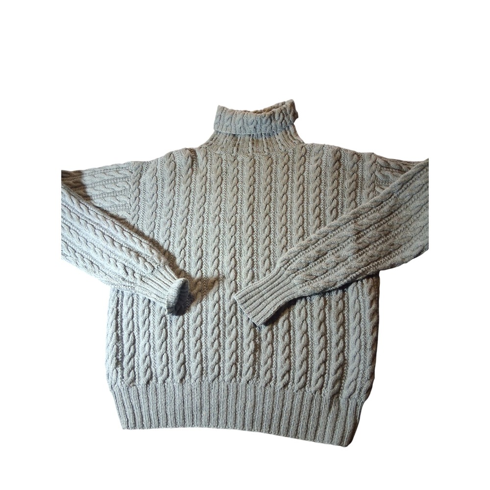 Ralph Lauren Mens Blue Grey Hand Knit 100% Wool Cable Turtleneck Sweater Size M